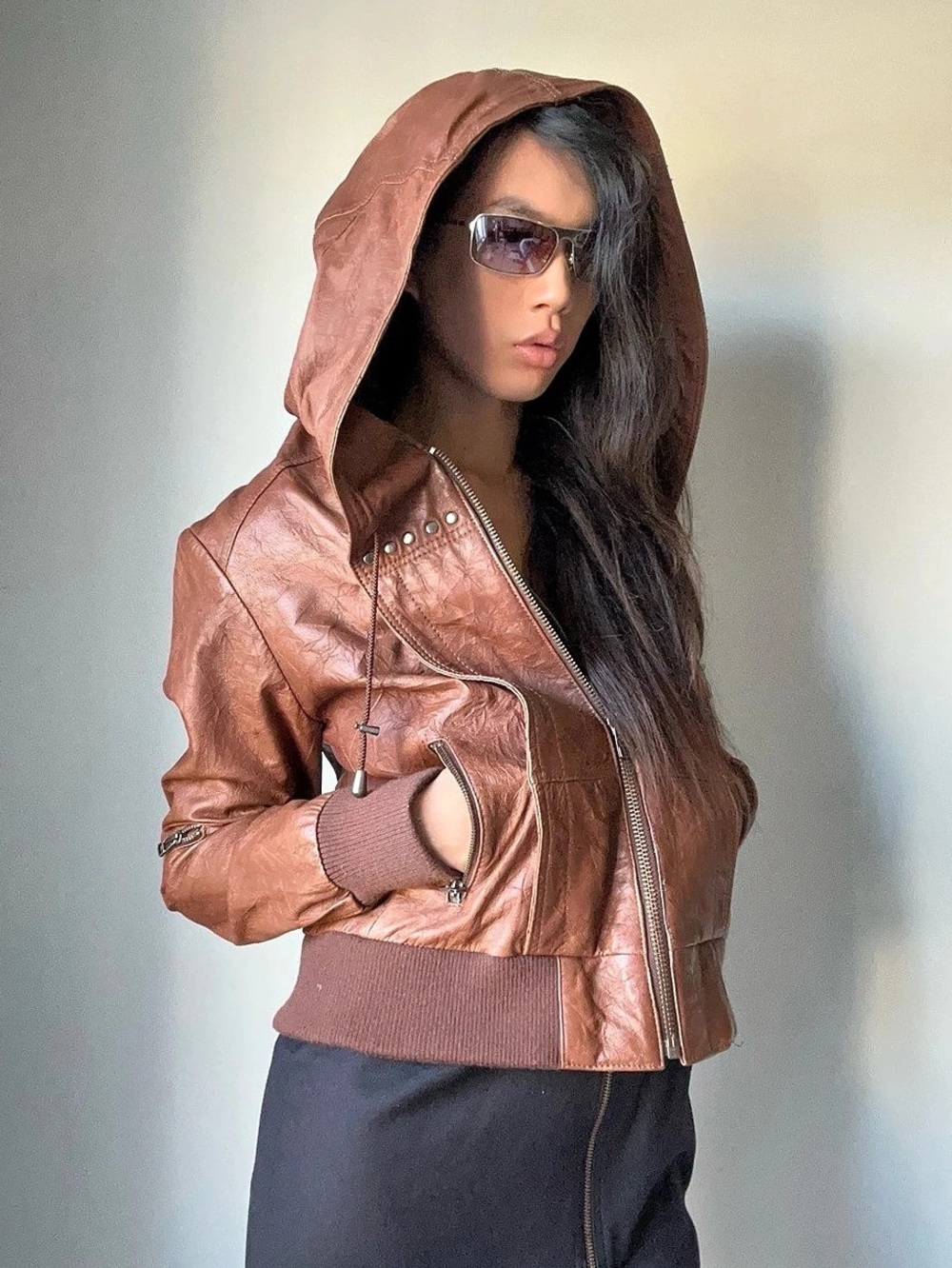 Danier oversized hood Genuine Leather Jacket